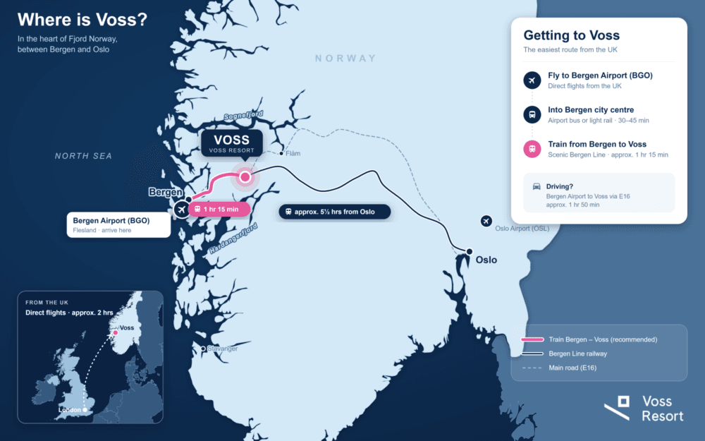 Kart over Sør-Noreg som viser kor Voss ligg mellom Bergen og Oslo, med reisetid frå Bergen med tog (1 time og 15 minutt).